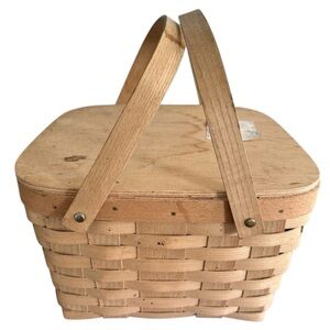 Vintage Picnic Basket with Hinged Lid & Red Gingham Interior